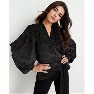 NWOT PatBO Size M  Womens Long Sleeves Wrap Blouse Black Metallic